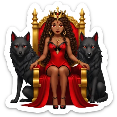 Lilith symbol seductress evil brown curly long hair haired, sexy succubus woman with red and black Chanel dress sitting on a Black and gold throne. A large black wolf laying beside he sticker
