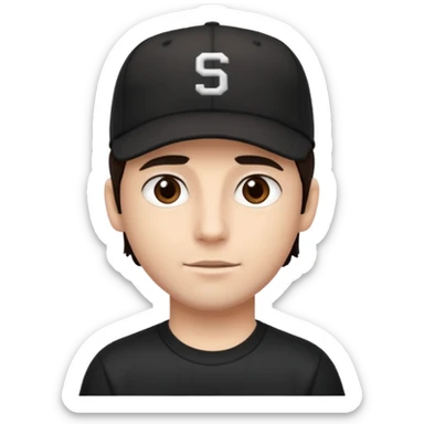 male, dark brown hair, dark brown eyes, fair skin, black baseball hat, dry fit tee sticker