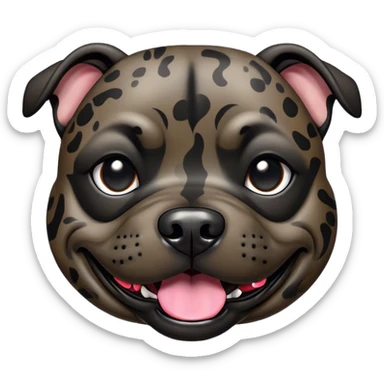 Cinematic Comical Black/Brindle Staffordshire Bull Terrier Portrait Emoji, Head tilted dramatically with an exaggeratedly amused expression, featuring a striking Fur with bold black and brindle patterns, wide, expressive dark eyes filled with playful disbelief, Simplified yet hilariously expressive features, highly detailed, glowing with a slightly sassy glow, high shine, dramatic yet playful, stylized with an air of cheeky mischief, bright and endearing, soft glowing outline, capturing the essence of a spirited and over-the-top guardian, so meme-worthy it feels like it could side-eye its way into internet fame instantly! sticker