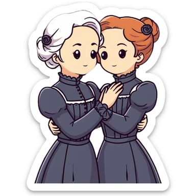 Two Victorian women with light eyes, one with white coiffed hair and one with copper coiffed hair, wearing Victorian high-neck dresses, embracing in a sad intimate hug sticker