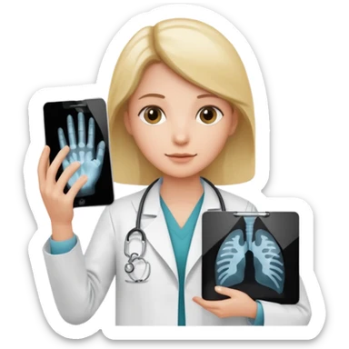 Radiografía de mano sostenida por un médico con bata  piel planta sticker