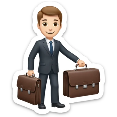 classic salesman with a suit and tie, smiling, holding a briefcase sticker