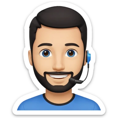 Man 30, black short hair, blue eyes and black short bears, on earpiece sticker