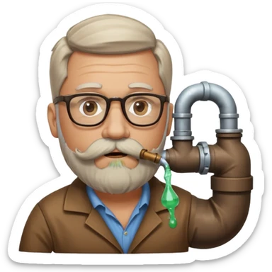 50 year old bearded and moustached white male wearing glasses. In his mouth is a sewer pipe and out the end is flowing brown liquid into a street gutter. sticker