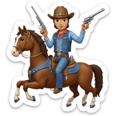 I need a very muscular brunette cowboy riding a large Clydesdale horse shooting a gun in both handles. sticker