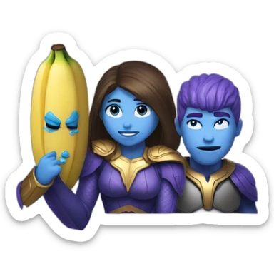 A blue banana and a thanos crying and a girl biting that blue banana sticker