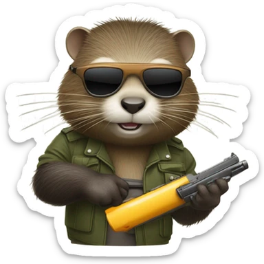 Nutria en moto con lentes y una pisto sticker