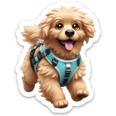 Fluffy dog with tattoos and holographic harness running sticker