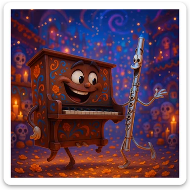 (Style film coco de pixar ) un piano au royaume des mort danse avec une flûte  sticker