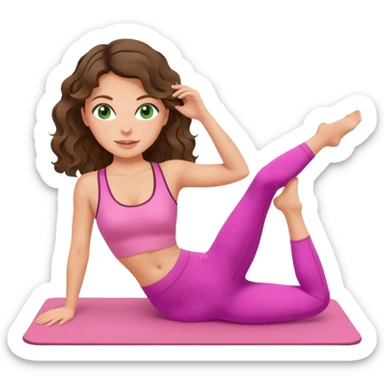 White, green-eyed, brunette cute feminine lady emoji with wavy hair doing pilates wearing pink pilates fit sticker