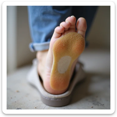 close-up of woman's foot with orthopedic insole inserted in shoe, signs of redness or pressure, realistic style, white background sticker