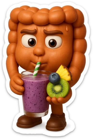 EMOJI STILE IPHONE DI un intestino umano anatomico che beve un frullato di mirtilli, ananas, kiwi, fagli anche la parte bianca degli occhi, non solo le pupille, REALISTICo 4K sticker