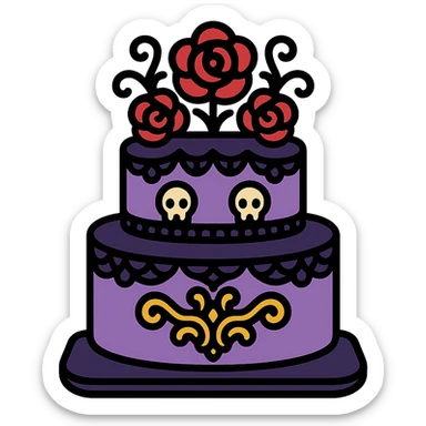 Gothic cake decorated with black lace, dark roses, tiny skulls, and ornate gothic filigree, no background, in a color outline icon style. sticker