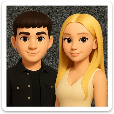Slightly increase the volume of the upper body of the girl, separate the girl and the boy from each other, and make the skin color the same for both characters. Maintain the cartoonish 3D style as in the reference image. sticker