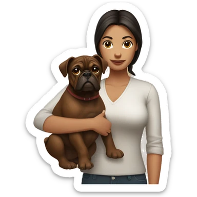 Woman with dark hair holding a brown bulldog with dark brown face sticker