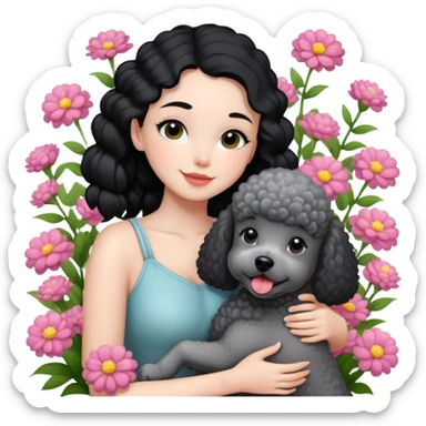 A beautiful girl with black ponytail happily hugs a gray poodle in the flowers sticker