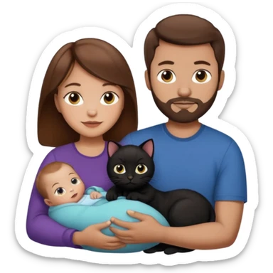 1 mom brown hair, 1 dad no beard, 1 baby and 1 black cat sticker