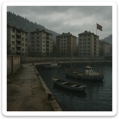 a screenshot of the game DayZ videogame, the harbor in a Norwegian port town, apartment blocks sticker