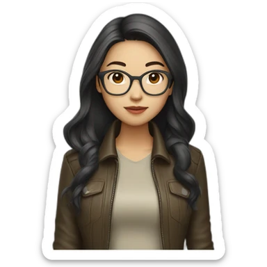 asian girl with glasses and a leather jacket with a  khaki shirt and long dark hair sticker