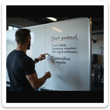 Cycle start protocol written on a gym whiteboard, clearly readable text: 'Ciclo base: testosterone enantato 250 mg/settimana, 8 settimane, tamoxifene 10 mg/die.' Coach pointing at the whiteboard, professional atmosphere, hyperrealistic 4K details. sticker