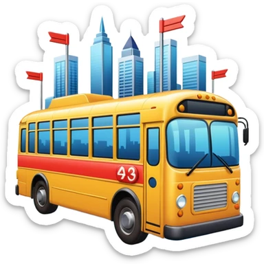 bus from a 45-degree angle with three directional arrows pointing to city icons, no skyline, vibrant colors sticker