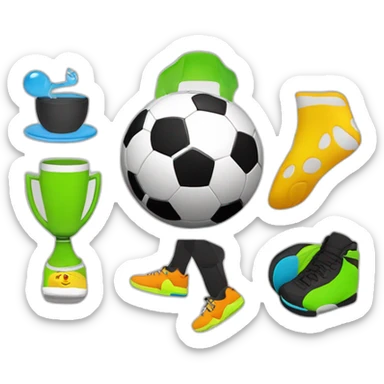 make a circle logo with all shapes of a Soccer ball, person running, wakeboard, Weird emoji, and swig cup sticker