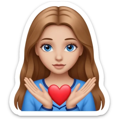 A girl with makeup, long light brown hair, blue eyes with a heart and her hands  sticker