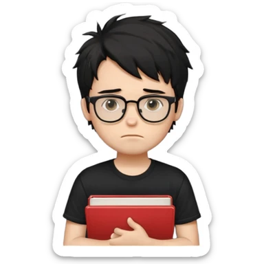 generate a pretty bratz fair skinned boy with black messy hair wearing a black tshirt looking bored n tired. Glasses on. holding books sticker