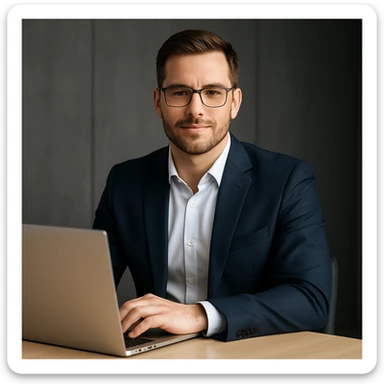 A 35-year-old male business coach sitting at a table with a laptop, professional and confident sticker
