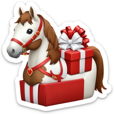 a New Year's horse with a red saddle, which has a red gift box with a white bow on the saddle sticker