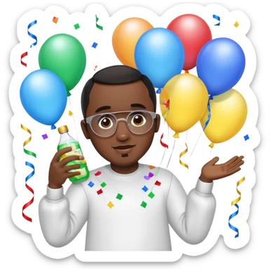 Diddy holding baby oil at a party with balloons and confetti and banners sticker