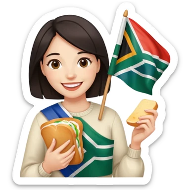 Lady with son (white dark hair) eating white bread and holding South African flag  sticker
