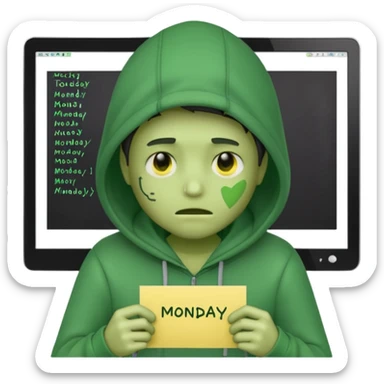 A sick programmer with a green face, hoodie, and code on screen, Monday written on a sticky note, emoji style sticker