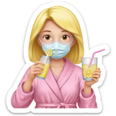 a girl drinking lemon water from a straw, she has a face mask on her and a light pink dressing gown sticker