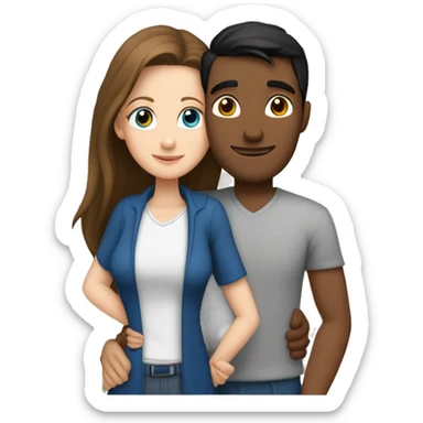 Couple embracing with arms around each other; white woman with blue eyes and brown hair, Indian man with black hair  sticker