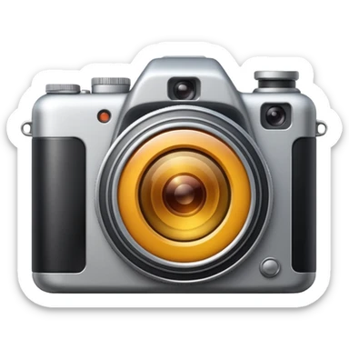 Minimal emoji icon of a modern metalic camera, front view, simple shapes, realistic lens,  sticker