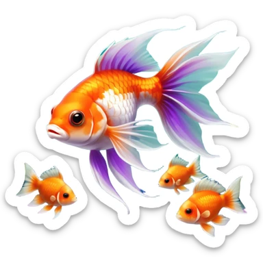 Large aquarium fish like veil tails and lionhead goldfish swimming gracefully in a beautifully decorated aquarium. Colorful aquatic plants, smooth rocks, and gentle bubbles surround the fish. The water shimmers in sunlight, creating a peaceful and vibrant underwater scene. Transparent background. sticker