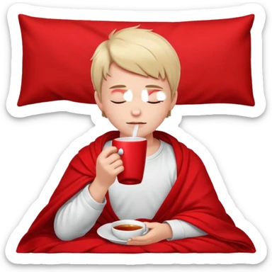 A European boy is sitting comfortably under a blanket, wrapped in a red blanket, drinking tea with his eyes closed. sticker