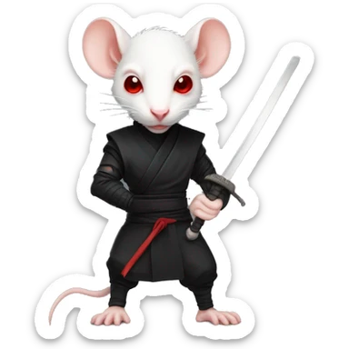 Albino rat red eyes wearing a headband, black ninja costume, dramatic pose, holding sword sticker