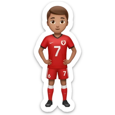 Apple iOS emoji style 20-23 year old soccer player standing hands on waist, red jersey #7, glossy 3D, clean background sticker