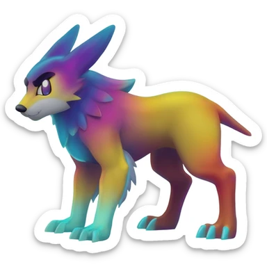 Colorful luminescent glowing Trico-Sergal-Furret-Ferret-Wolverine-Vernid-furry-fursona-fusion-Fakemon-animal-hybrid-creature, full body sticker