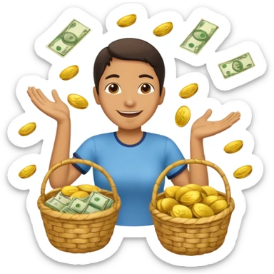 baskets, some overflowing with money, others with colombian arepas in the background a very happy person ridiculously throwing money around sticker