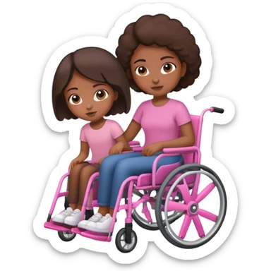 One dark brown sister pushing her brown sister in a pink wheelchair sticker