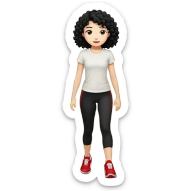 generate a pretty bratz fair skinned girl with curly black hair wearing a white tshirt trekking on a hill with red sneakers on and black leggings sticker