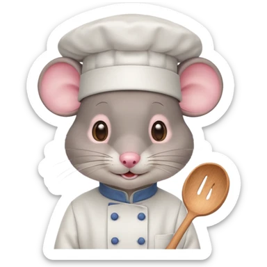 gray mouse with large round ears, brown eyes, and a small pink nose. The mouse is wearing a white chef’s hat and has a friendly, slightly open-mouthed expression sticker