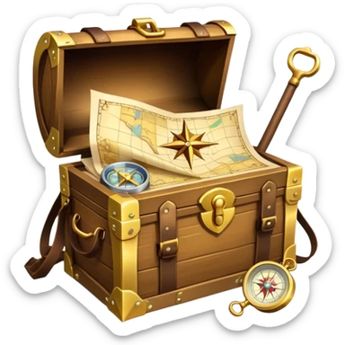 An icon featuring a treasure chest overflowing with gold, a treasure map with a compass rose, a backpack, and a shovel. The map guides the way, symbolizing the adventure of treasure hunting. Set against a transparent background, the design evokes excitement and exploration. sticker