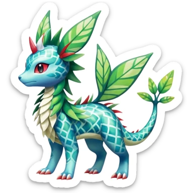 Shiny Scaley Marked Patterned Colorful Tropical Shaymin-Vaporeon-Sceptile-Flygon-Meloetta-Pokémon-Fakémon-fusion, full body sticker