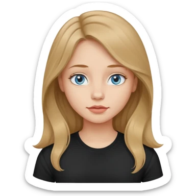 a girl with dark blonde hair, light blue small eyes, a slightly wide nose and medium lips, slightly wavy and long hair, wearing a black T-shirt sticker