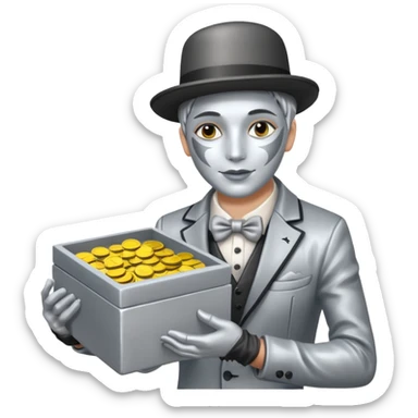 Living statue (silver paint),Street Performers,background street setup, with coins box. sticker