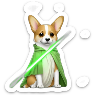 Corgi dress as yoda with one light saber green sticker